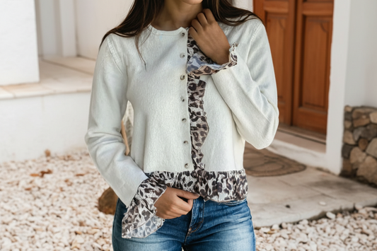 White Leopard Trim Button Front Cardigan