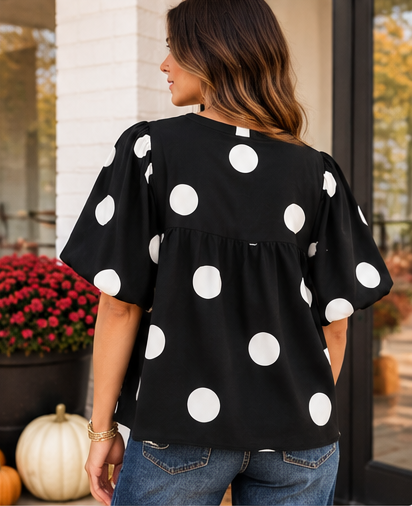 Black & White Polka Dot Babydoll Blouse with Balloon Sleeves