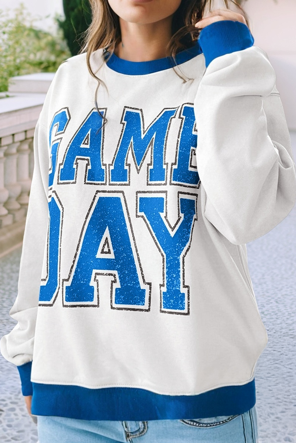 Blue & White Game Day Varsity Sweatshirt