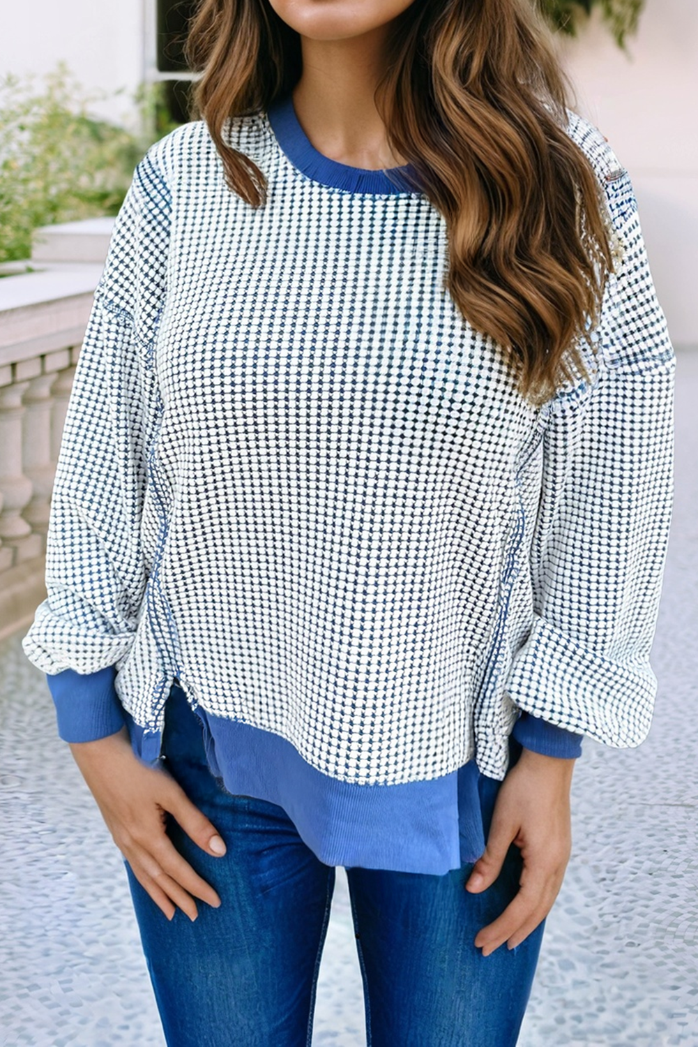 Waffle Knit Colorblock Hem Pullover