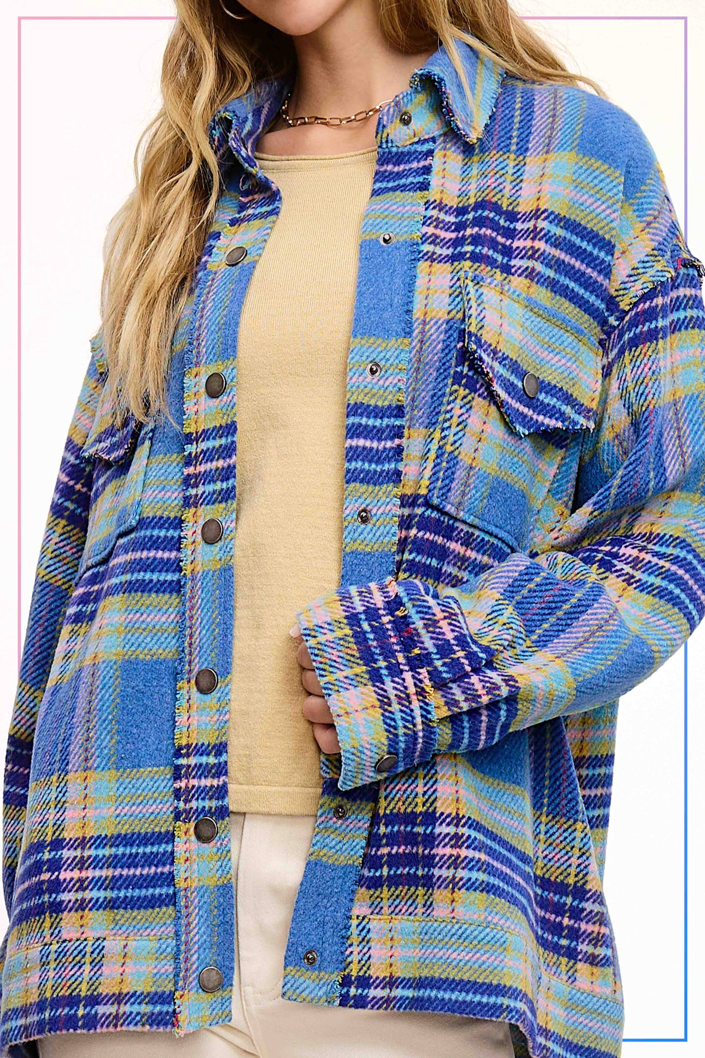 Loose Fit Plaid Button Down Shacket with Pockets