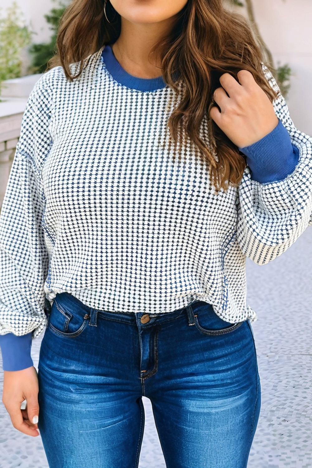 Waffle Knit Colorblock Hem Pullover