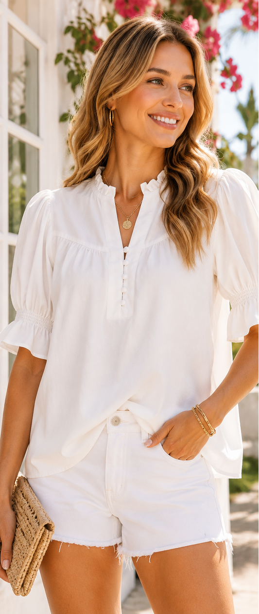 White Smocked Sleeve Ruffle Neck Top