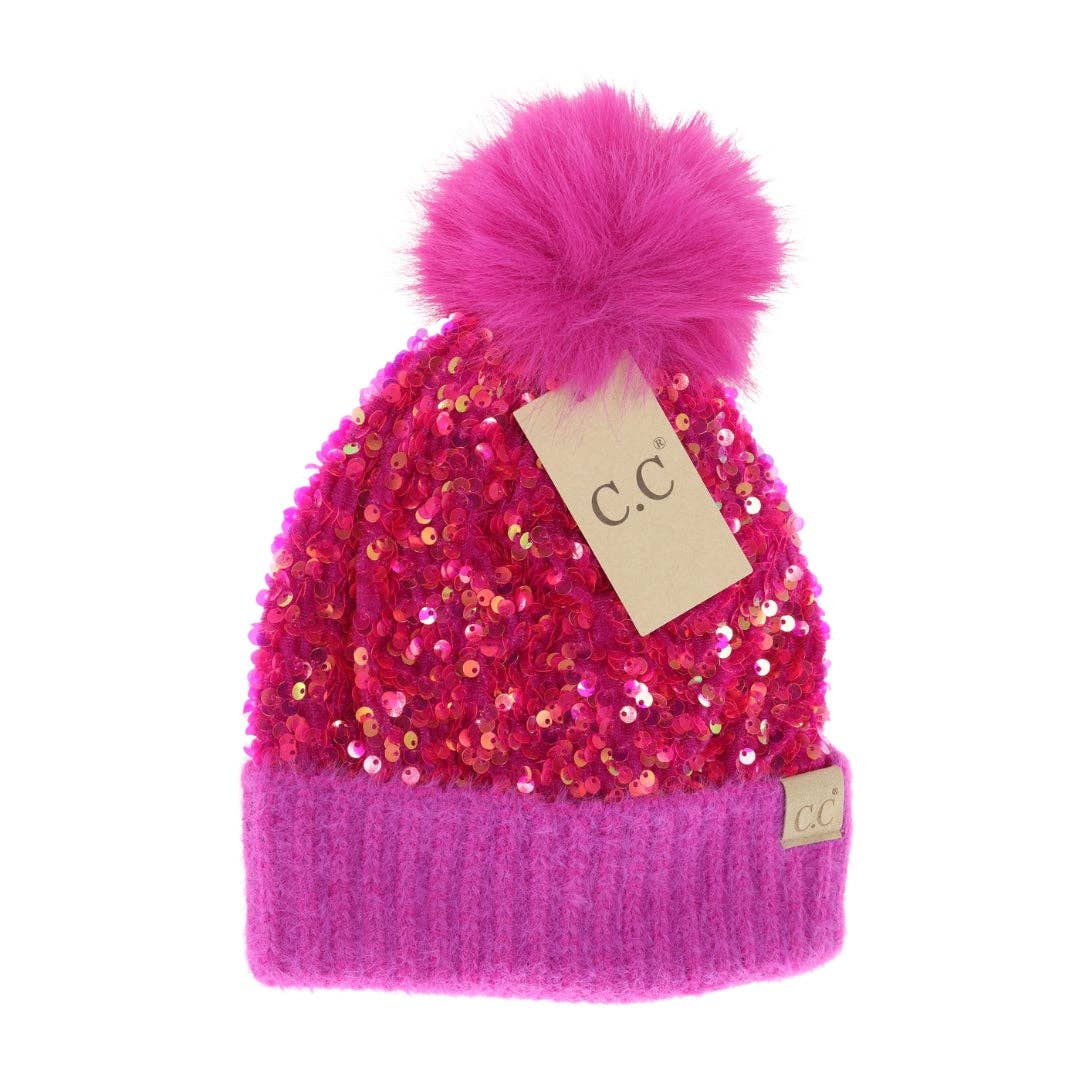 C.C. Kids Sequin Faux Fur Pom Beanie