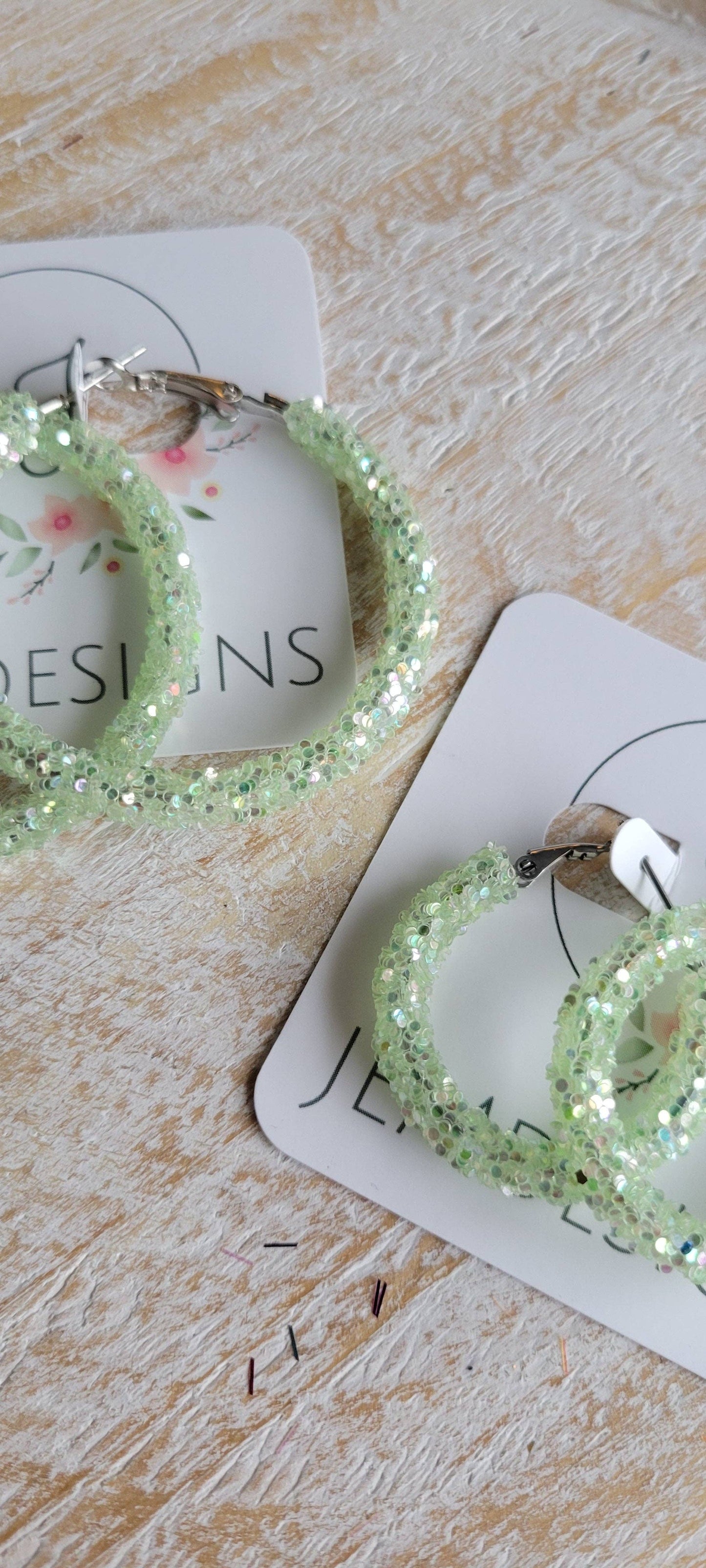 Pastel Green Glitter Hoop Earrings