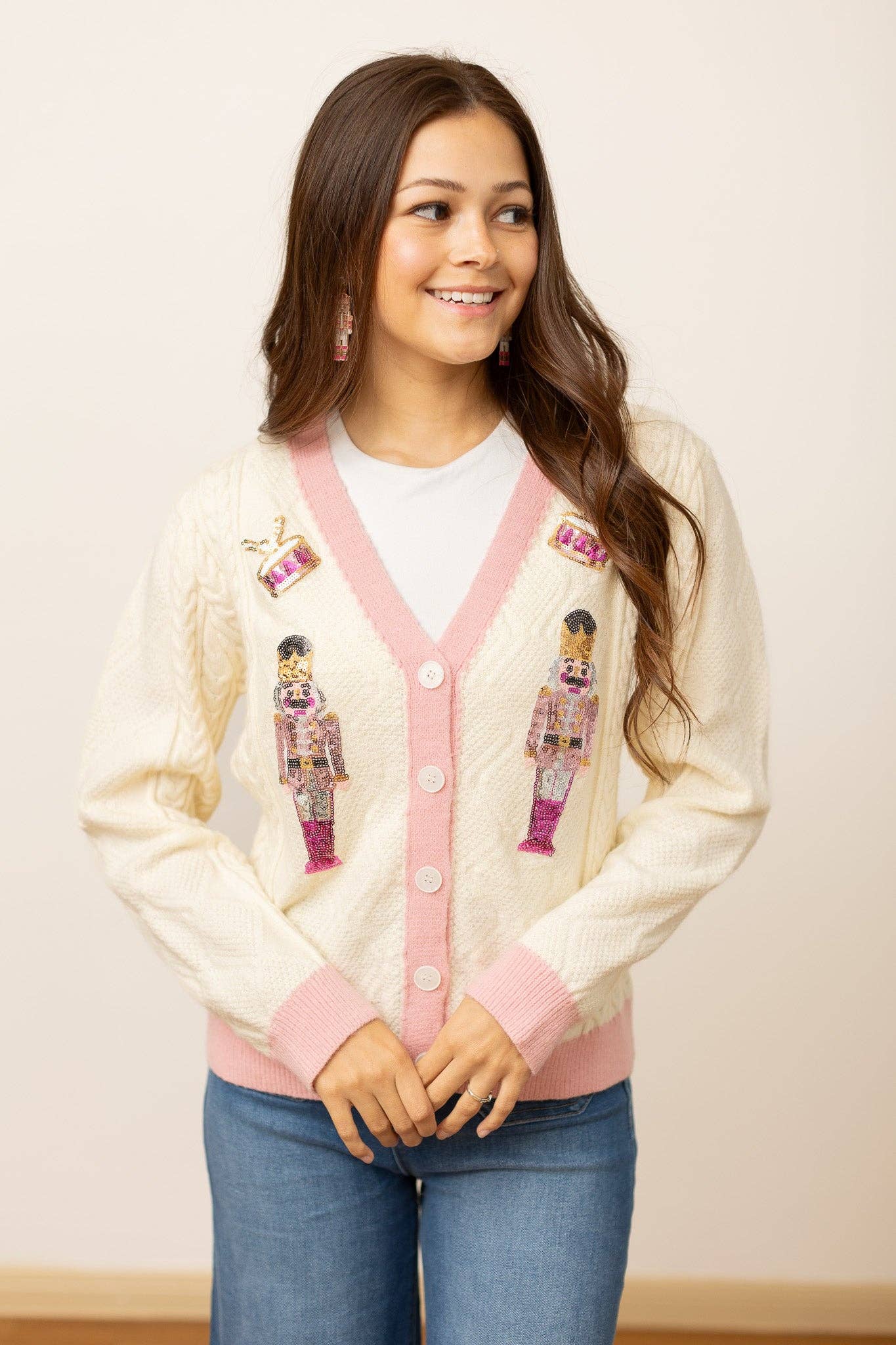 Beige & Pink Nutcracker Sequin Cardigan