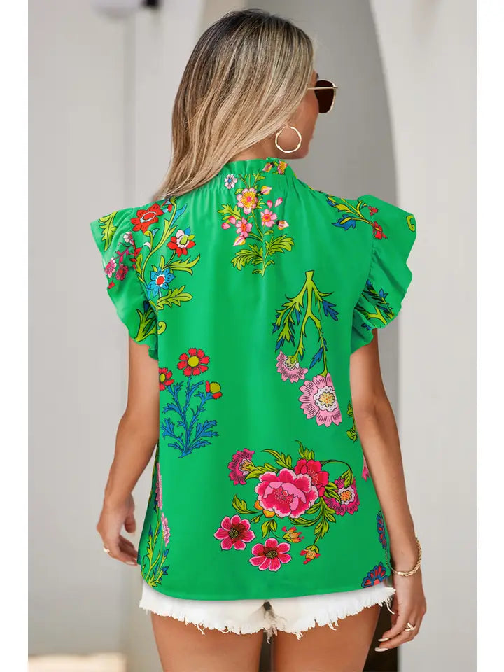 Floral Print Flutter Sleeve Frilly Neck Top
