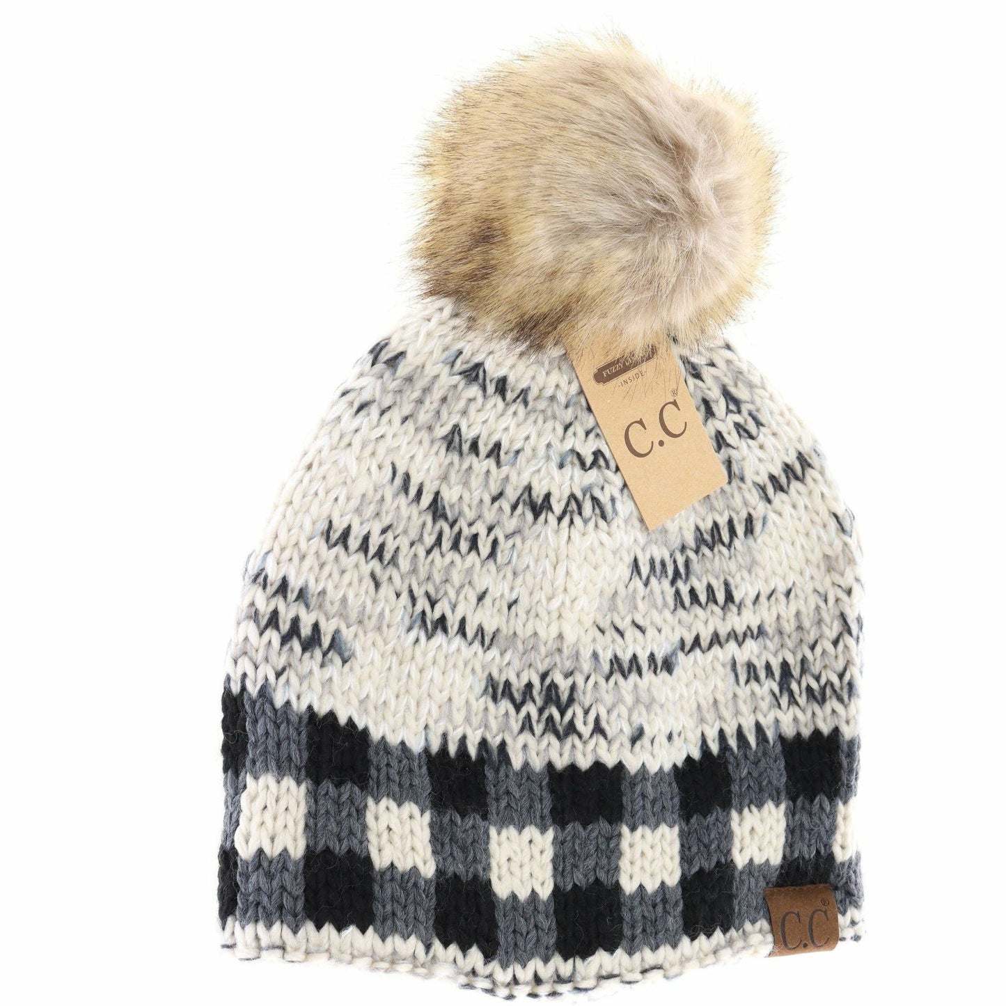 Buffalo Check Mixed Print Fur Pom C.C Beanie