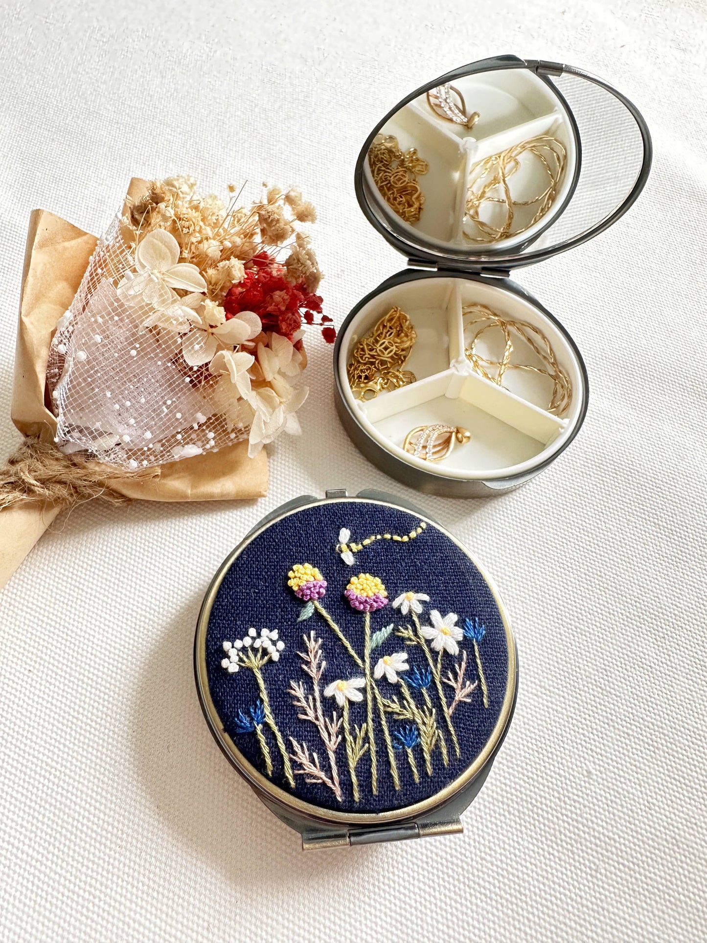 Floral Embroidered Round Jewelry Box With Mirror
Success