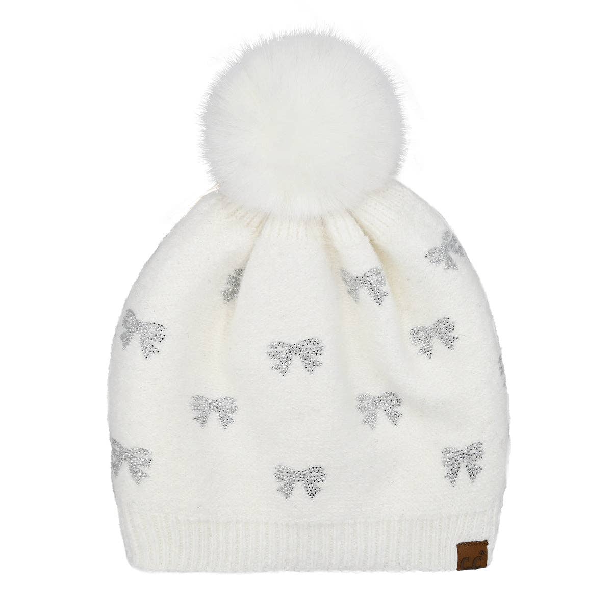 Allover Mini Rhinestone Bow C.C Faux Fur Pom Beanie