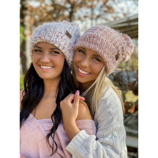 Multi Color Feather Knit Pom Beanie