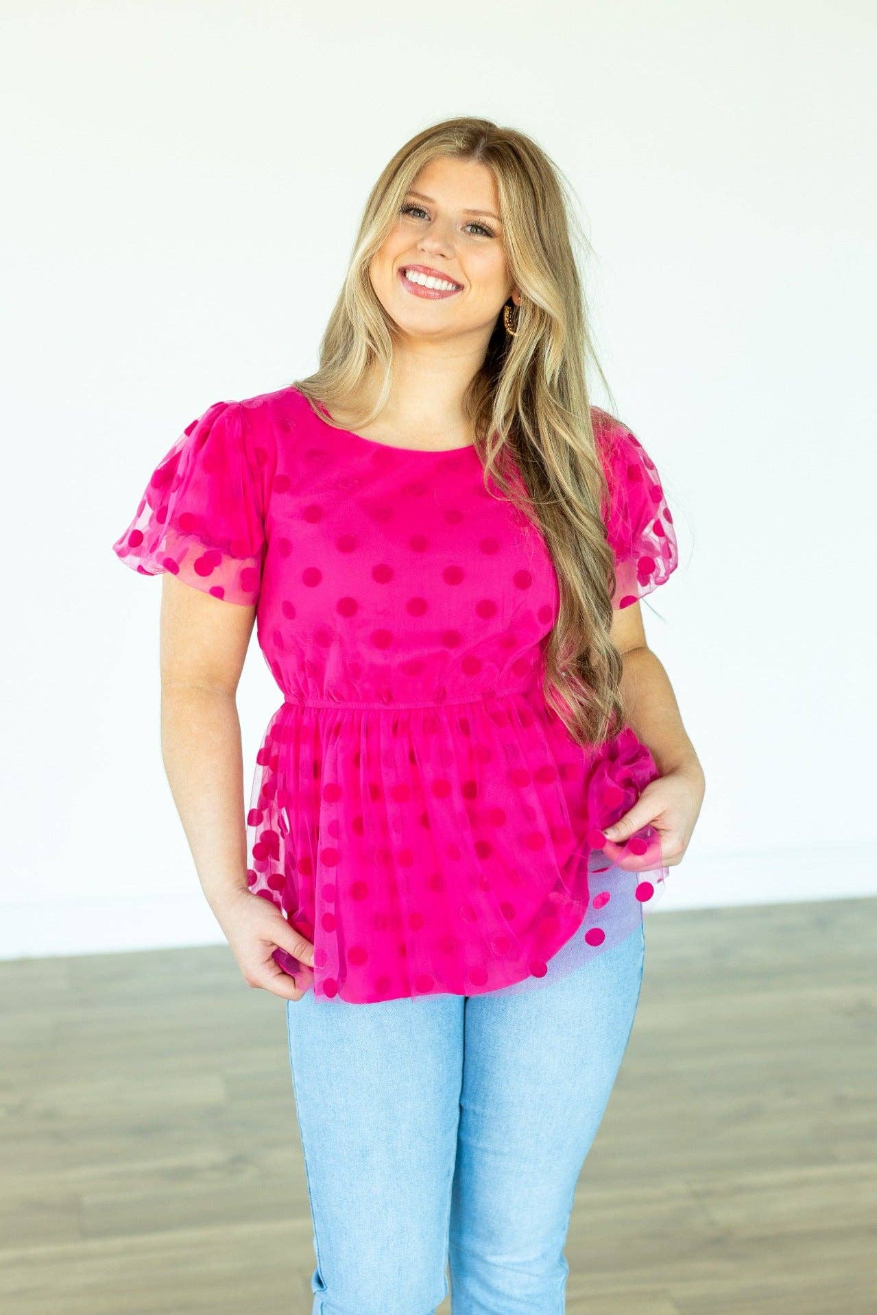 Polka Dot Mesh Peplum Top