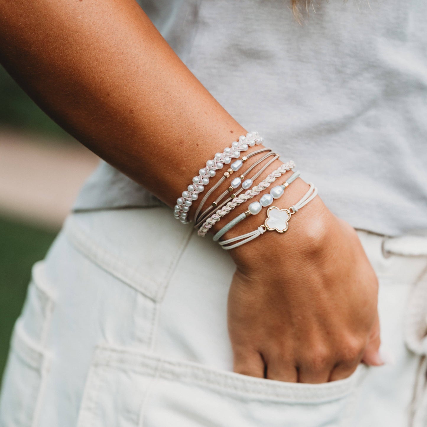 K’Lani Glimmer Soft Pinks with Pearl and Gold Accent Hair Tie Bracelets