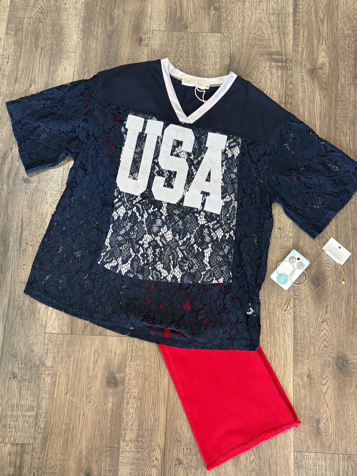 Women’s Navy USA Lace Jersey Top