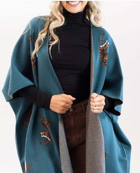 She + Sky Teal Tiger Print Poncho Cardigan