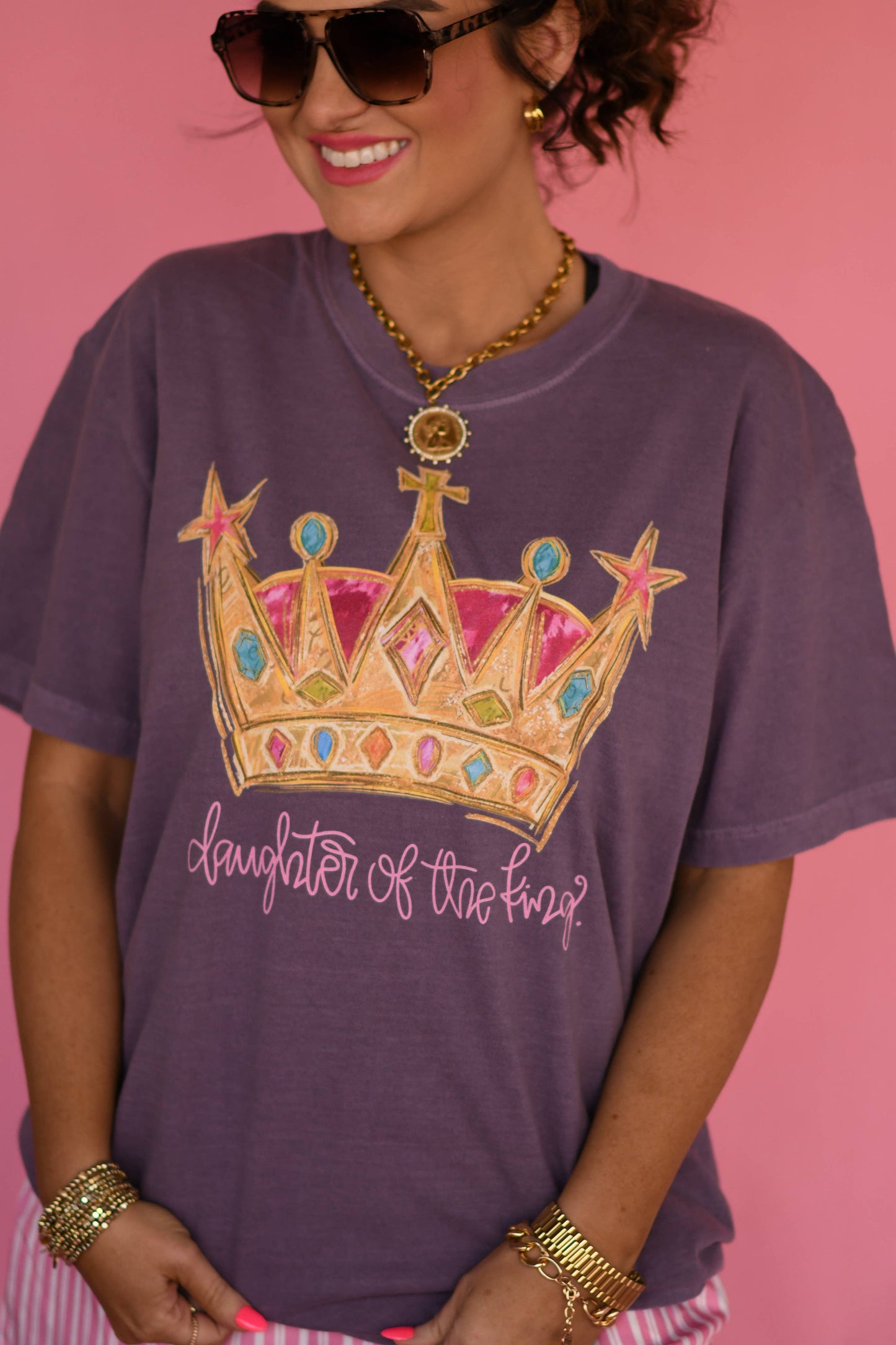 Daughter Of The King Crown Graphic Tee on model - colorful berry Comfort Colors Christian faith boutique shirt