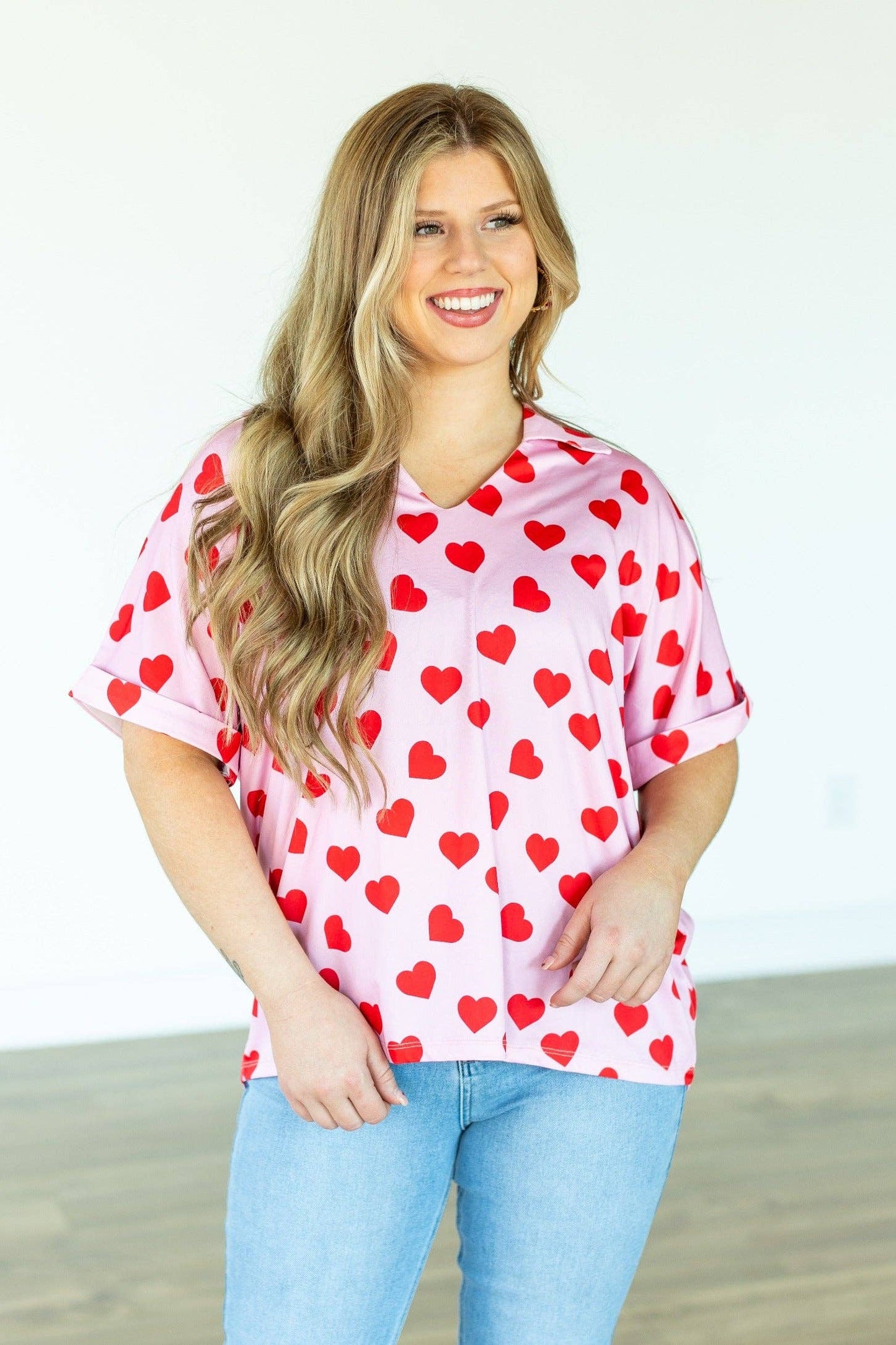 Heart Print Collared Top