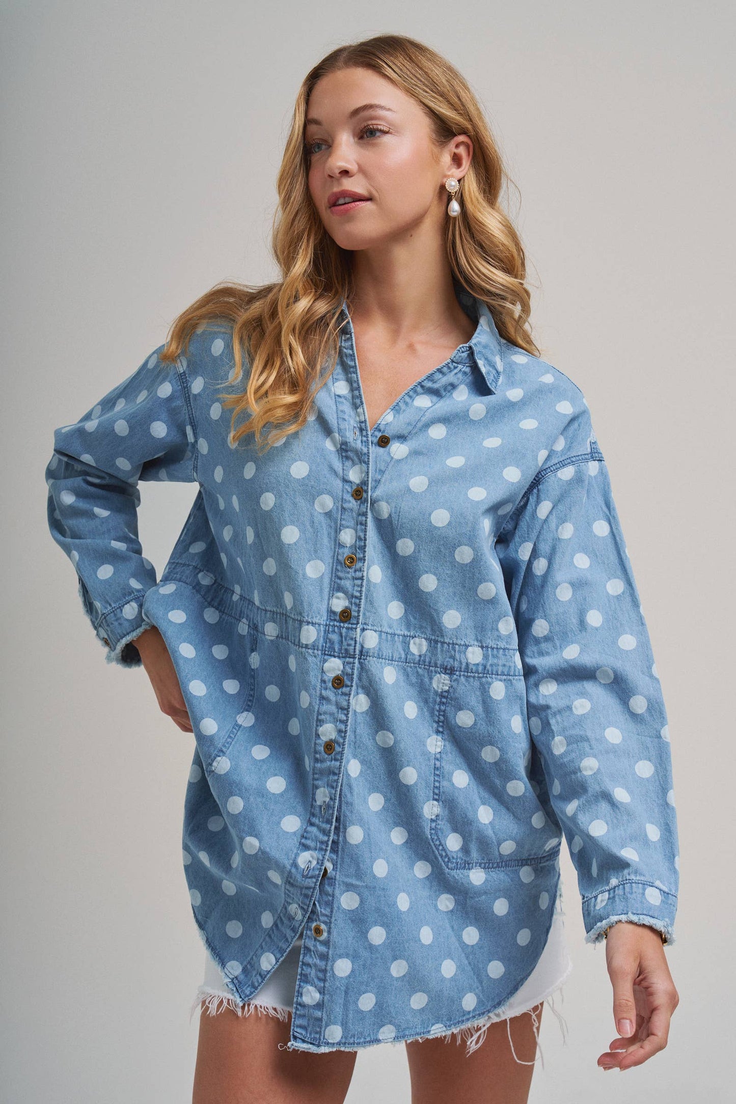 Polka Dot Chambray Button-Up Shirt with Frayed Hem