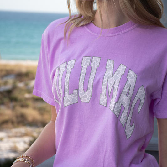 Lulu Mac Camo Comfort Colors Tee in Neon Violet - oversized camo graphic boutique tee by Girlie Girl Originals
