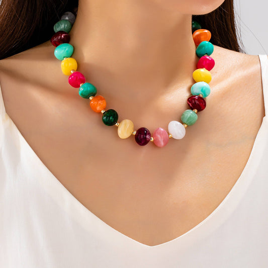 Colorful resin pebble beaded statement necklace