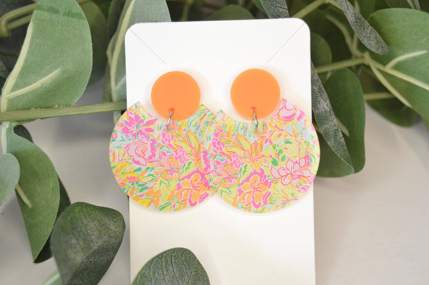 Preppy Earrings, Colorful Notched Circle Earrings, Floral