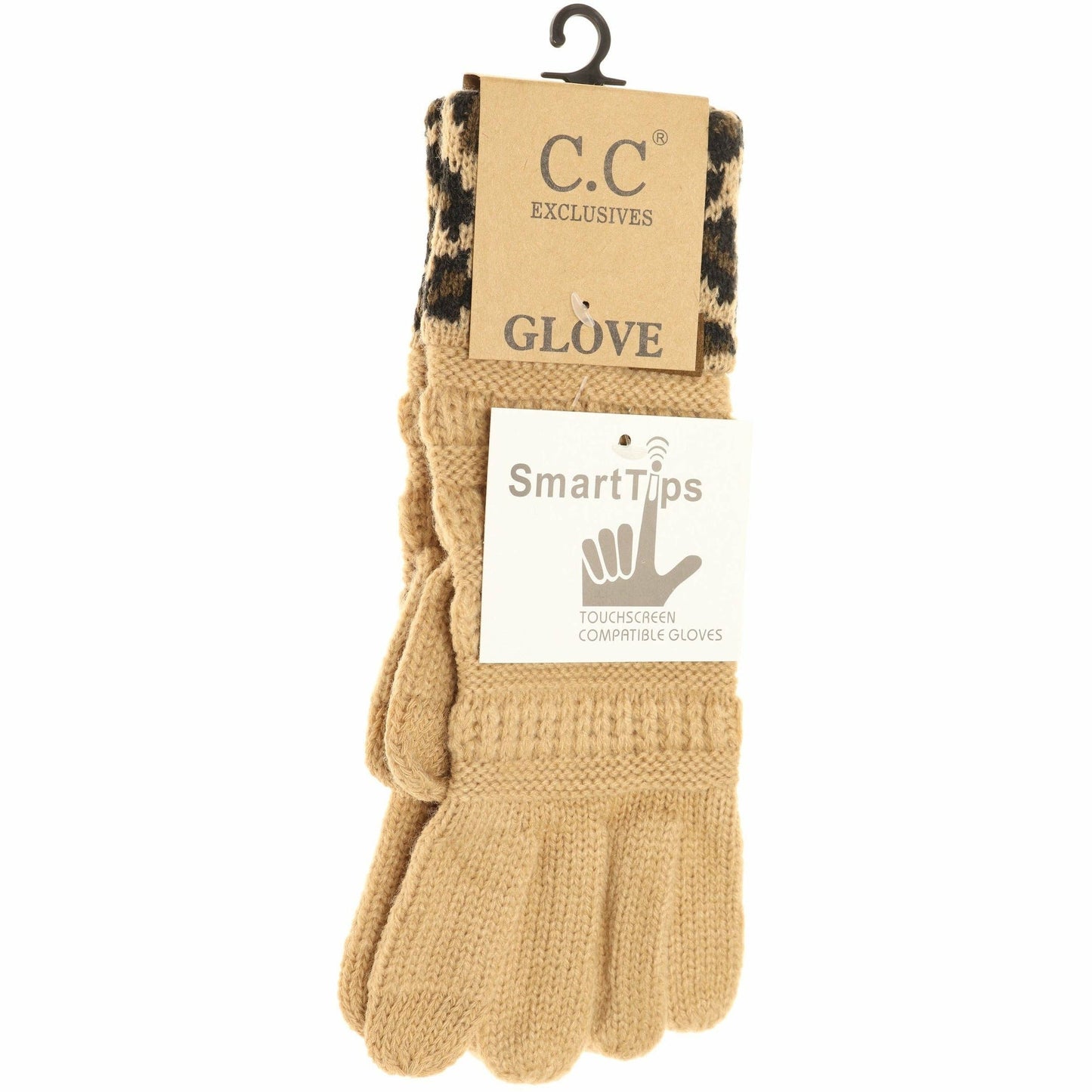Solid Cable Knit Leopard Cuff CC Women's Gloves
