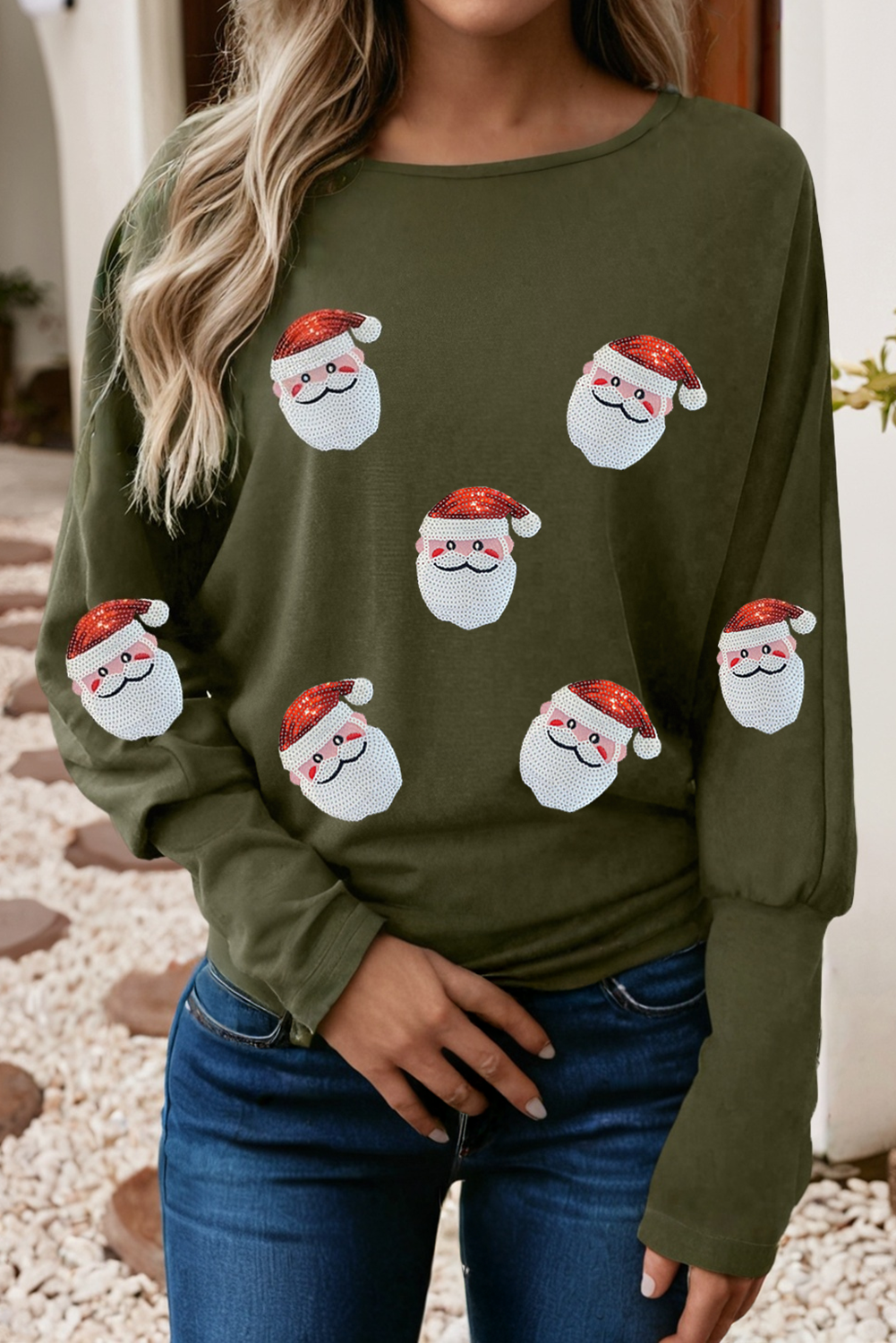 Sequin Santa Claus Patched Dolman Long Sleeve Top