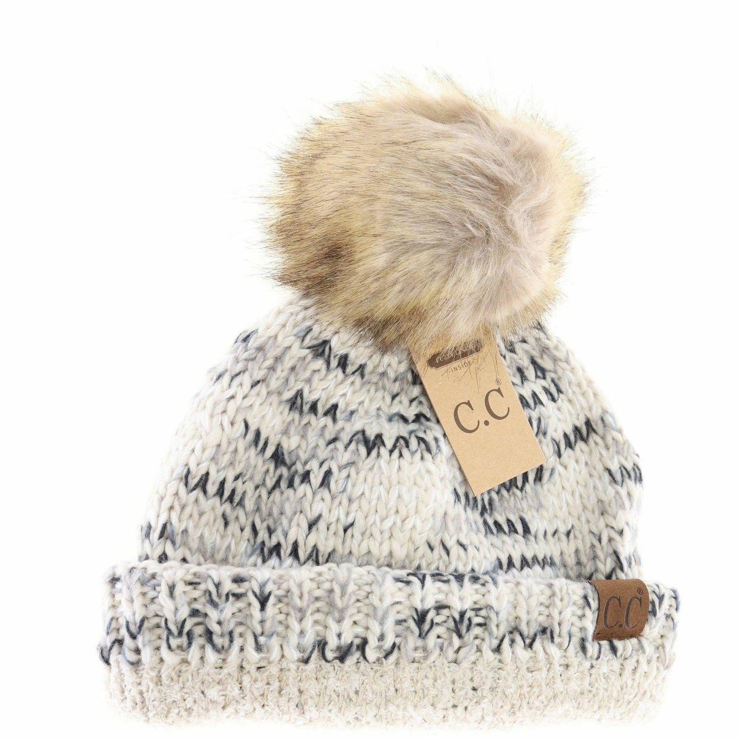 Buffalo Check Mixed Print Fur Pom C.C Beanie