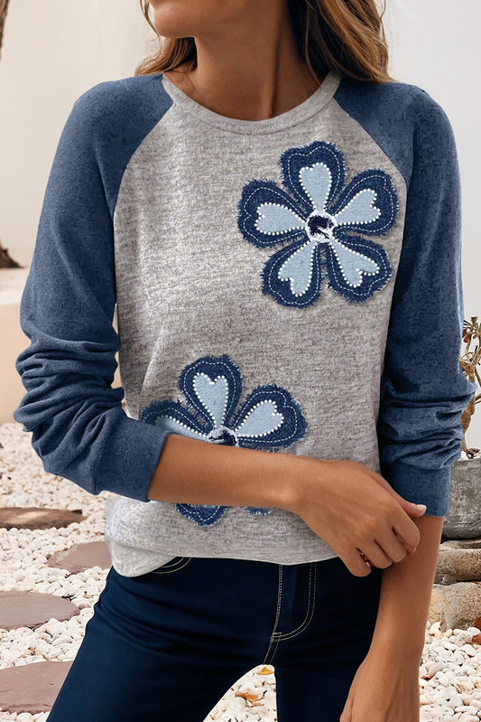 LDC Color Block Flower Embroidered Patch Graphic Raglan Top
