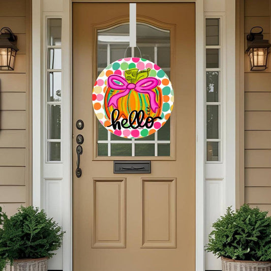 Happy Dot Pink Ribbon Pumpkin Door Hanger
