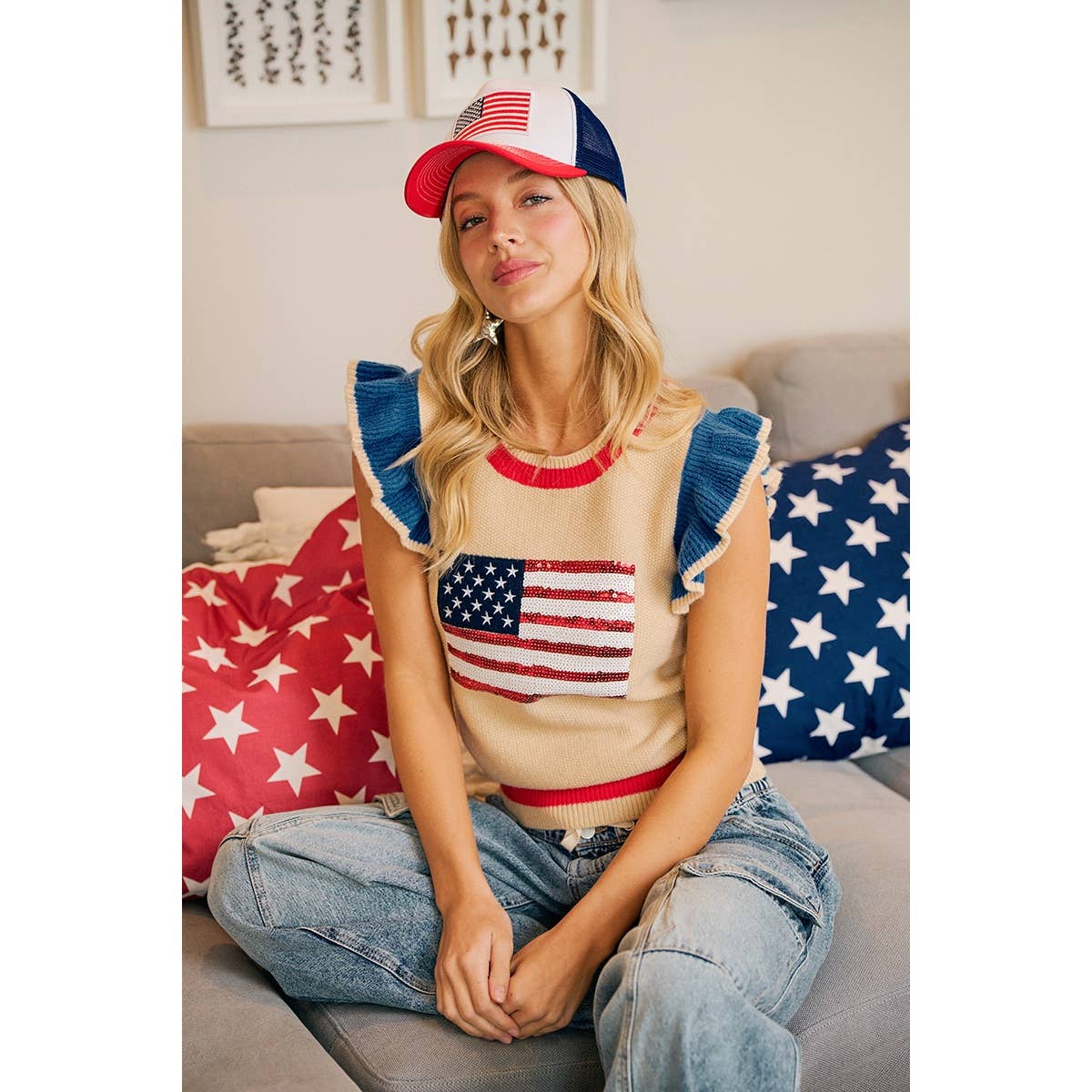 BiBi Sequin American Flag Knit Sleeveless Top