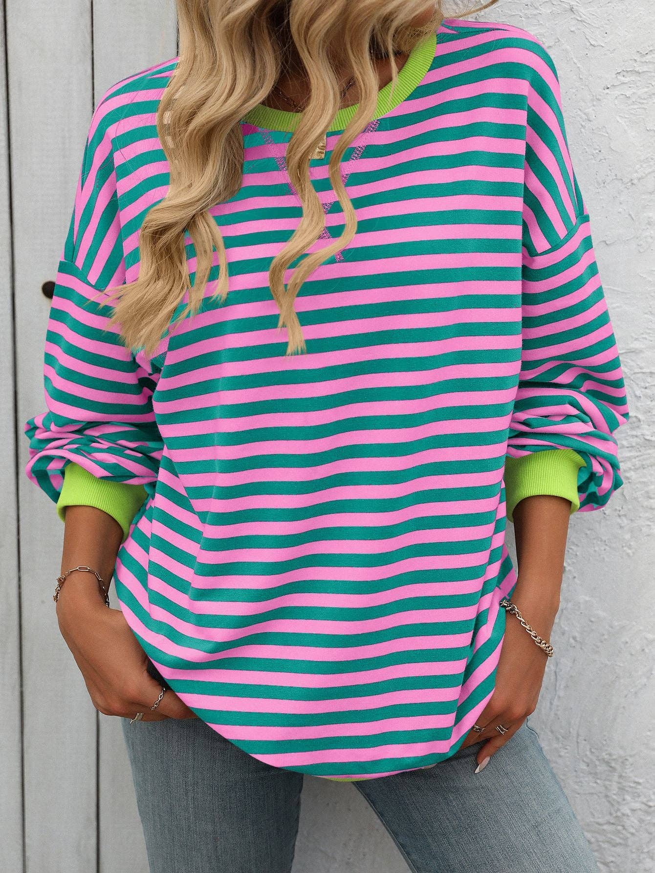 Color Striped Crew Neck Loose Sweatshirt