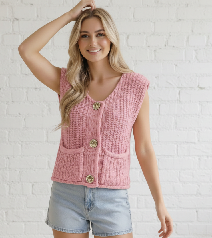 Gold Button Pink Chunky Sweater Vest