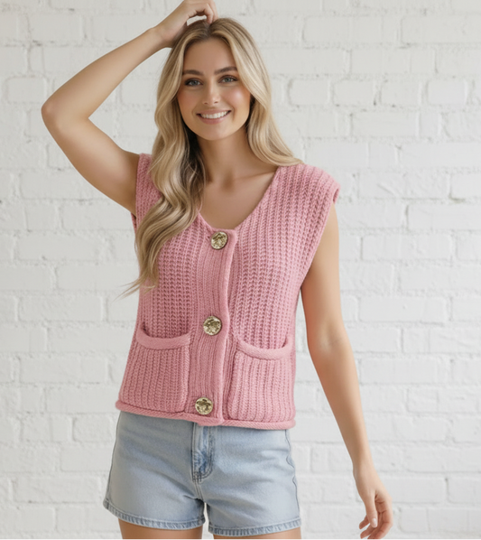 Gold Button Pink Chunky Sweater Vest