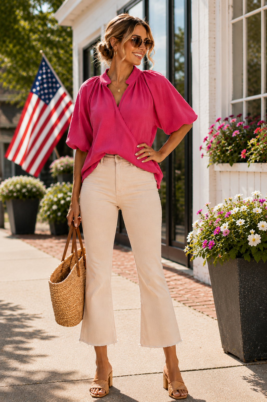 A woman stands outdoors on a sidewalk in front of a building, wearing a bright pink wrap-style blouse with short puff sleeves and cream flared pants, holding a woven straw tote bag.