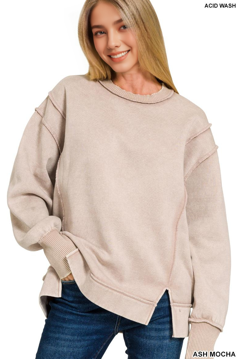 Zenana Washed Side Slit Fleece Sweatshirt – Oversized Relaxed Fit