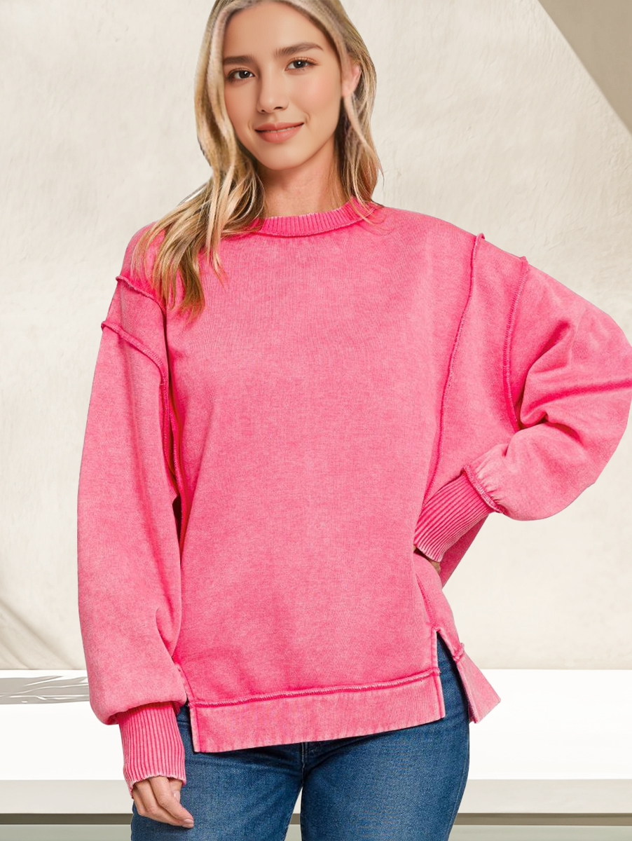 Zenana Washed Side Slit Fleece Sweatshirt – Oversized Relaxed Fit