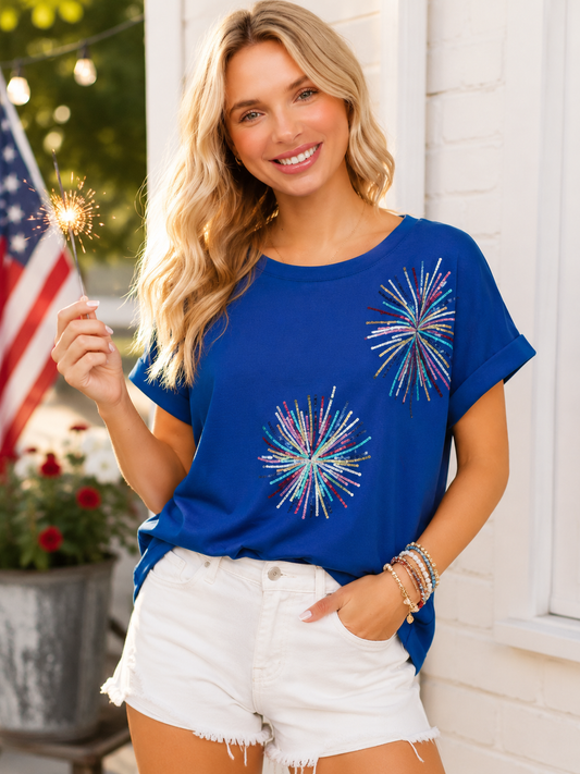 Haptics Firework Sequin Embroidery Patriotic Graphic Tee