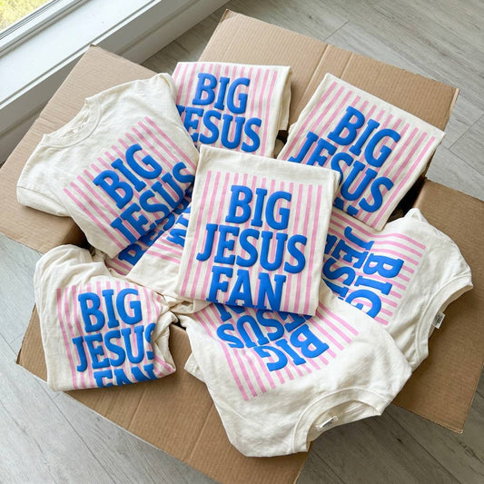 Big Jesus Fan Puff Graphic Tee - bold retro faith-based Christian boutique tee with pink stripes and blue puff lettering