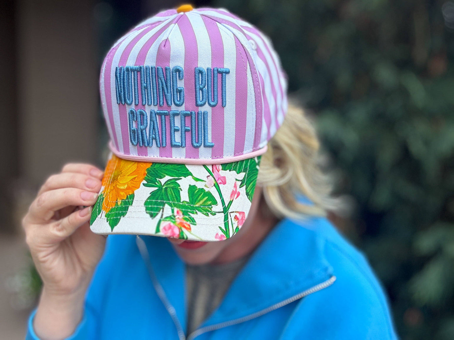 Nothing But Grateful Embroidered Floral Trucker Hat