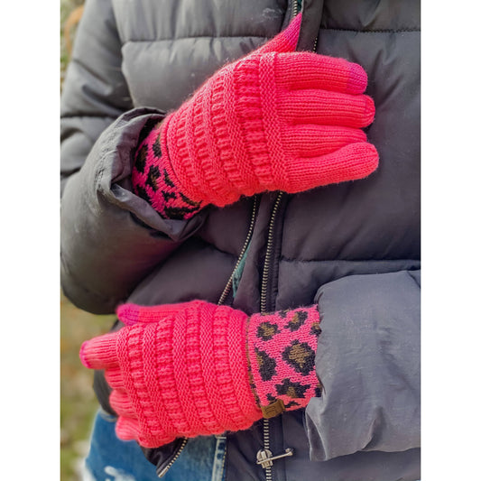 Solid Cable Knit Leopard Cuff CC Women's Gloves