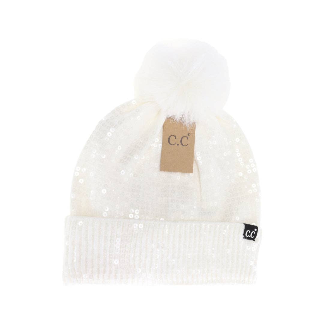 C.C Allover Clear Sequin Faux Fur Pom Beanie