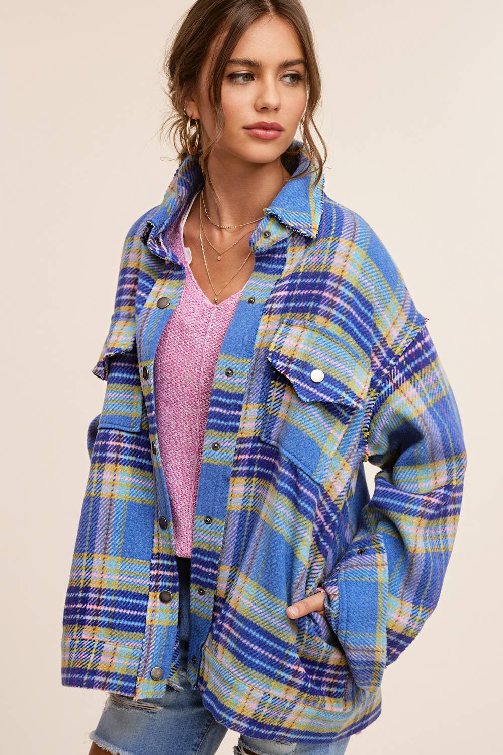 Loose Fit Plaid Button Down Shacket with Pockets