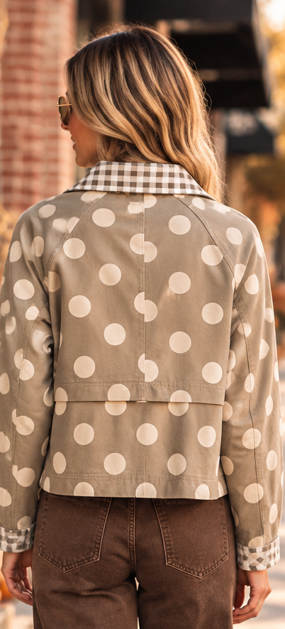 A woman modeling a beige and white polka dot jacket with a gingham collar, shown in a front and back view. She is wearing brown wide-leg pants and sunglasses in an outdoor autumn setting.