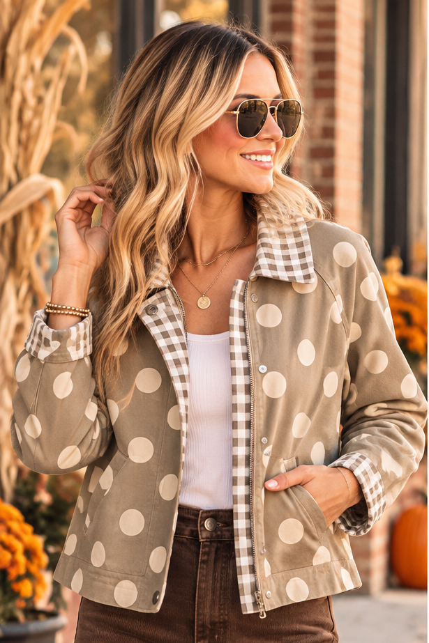 Polka Dot Gingham Collar Canvas Jacket