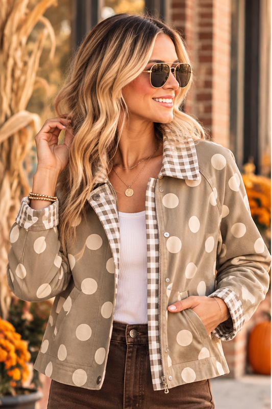 Polka Dot Gingham Collar Canvas Jacket