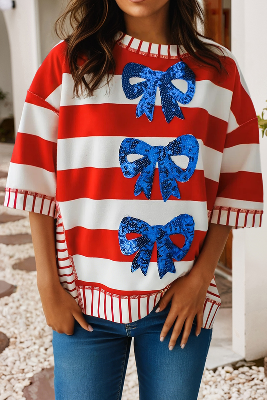 Patriotic Sequin Bow Striped Knit Top