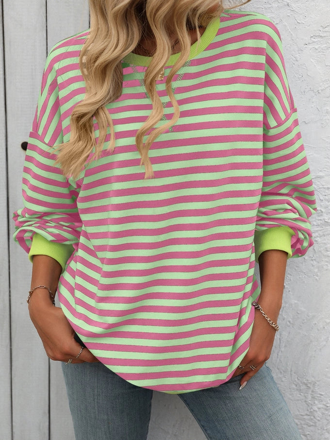 Color Striped Crew Neck Loose Sweatshirt