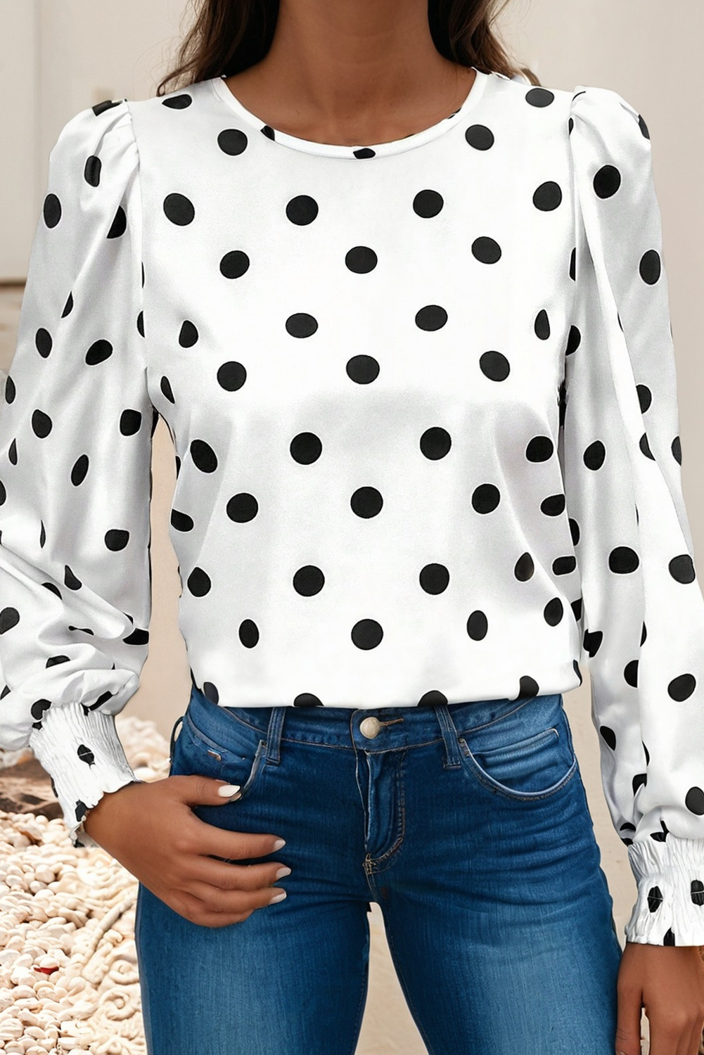Polka Dot Print Round Neck Frilled Long Sleeve Blouse