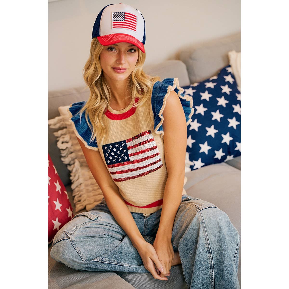 BiBi Sequin American Flag Knit Sleeveless Top